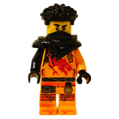 Front view of LEGO Ninjago Arin minifigure (njo0981) in bright orange suit with red dragon print and black scarf armor.