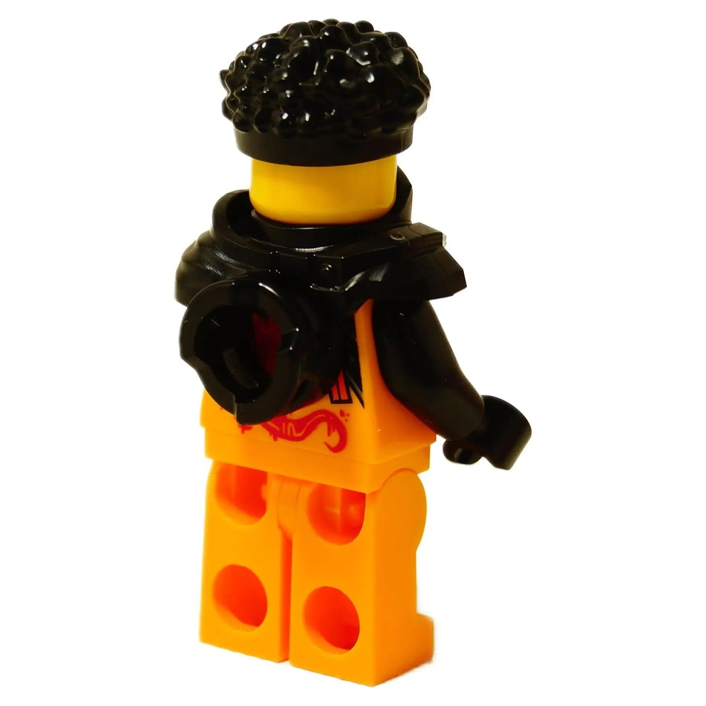 Back view of LEGO Ninjago Arin minifigure showing black shoulder armor and black curly hairpiece.