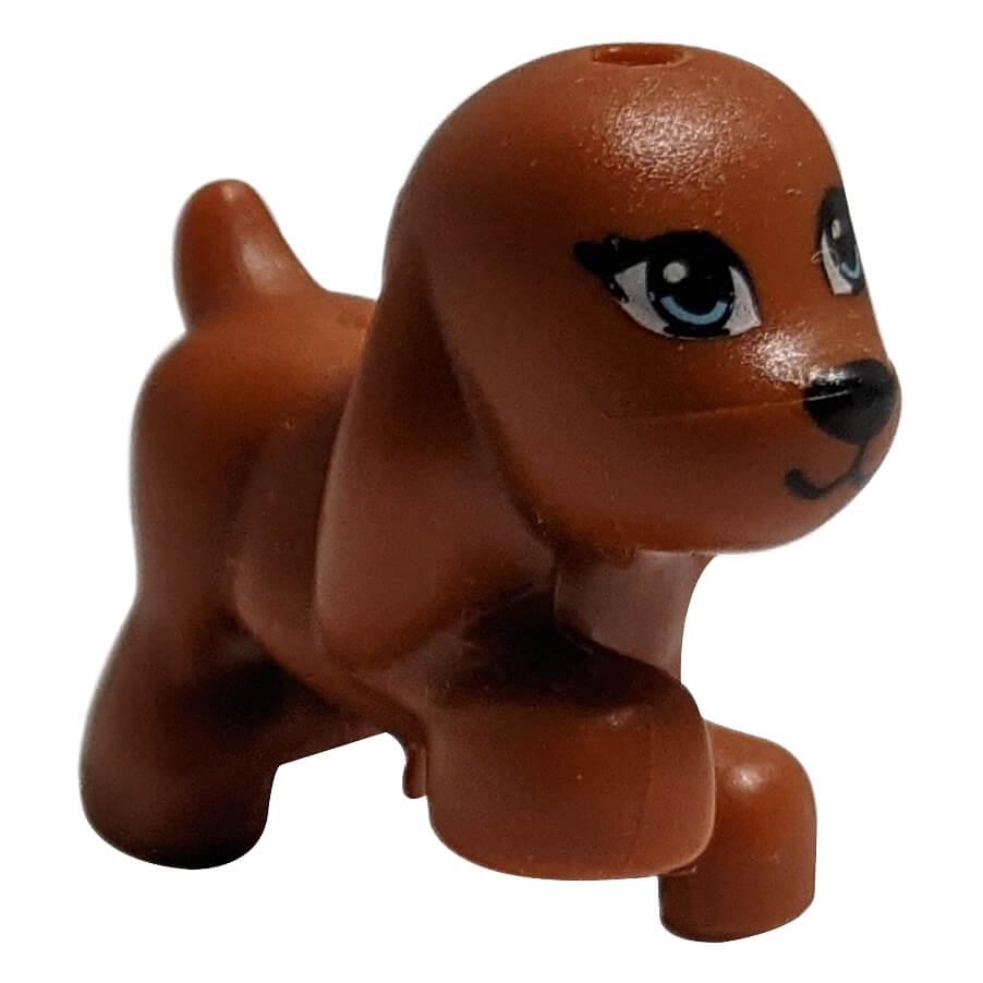 LEGO® Friends puppy figure Scarlett with bright blue eyes, walking pose, and black nose and mouth details
