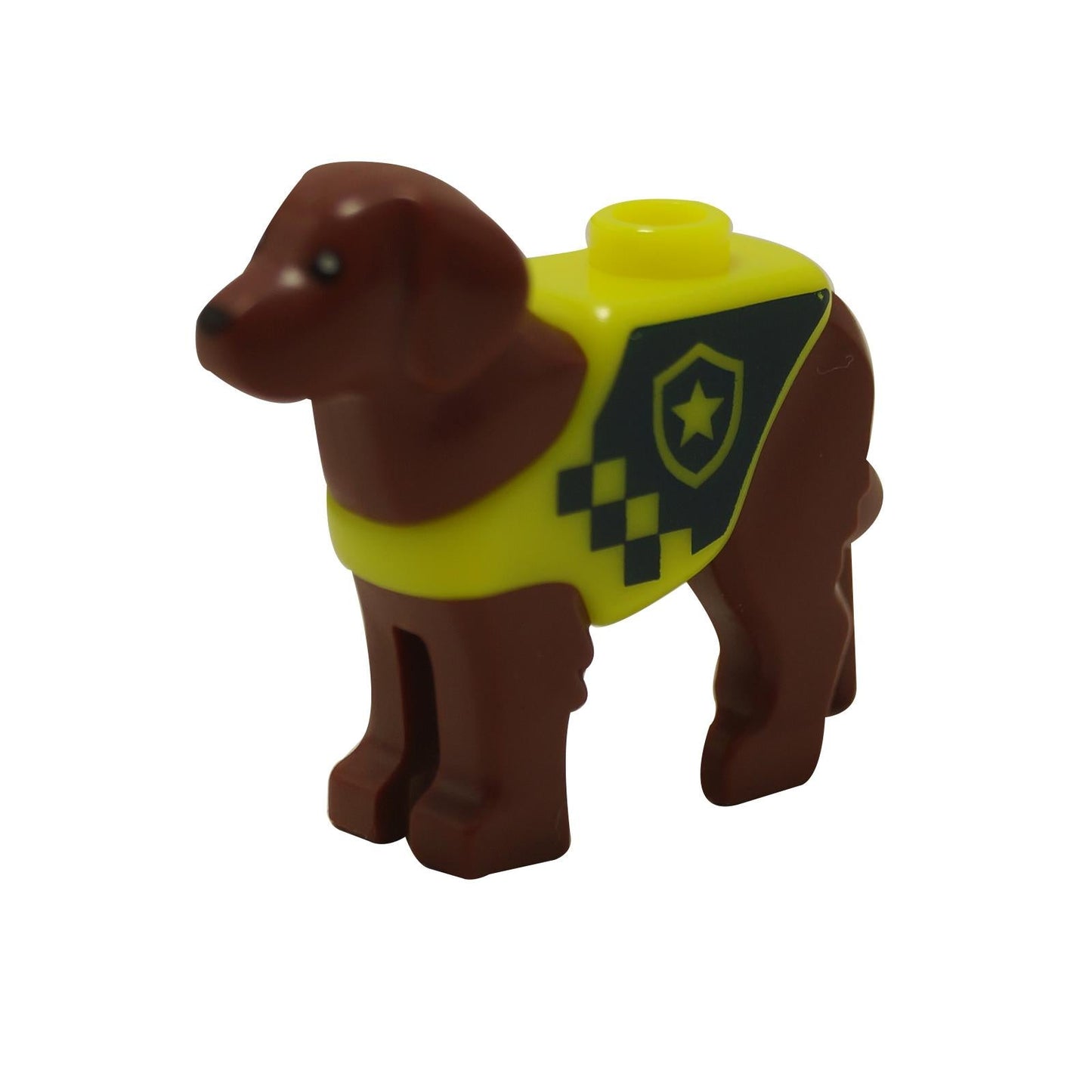Brown Labrador-style dog with molded neon yellow rescue vest featuring a police-style badge