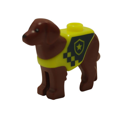 Brown Labrador-style dog with molded neon yellow rescue vest featuring a police-style badge