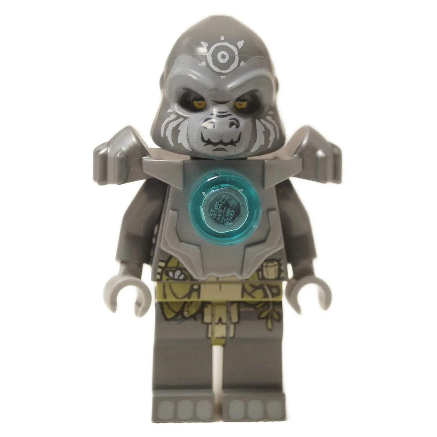  LEGO® Legends of Chima Grumlo minifigure (loc048) from the Gorilla Tribe, wearing heavy silver armor with a blue CHI orb.