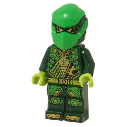 Front view of the LEGO® NINJAGO® Lloyd minifigure (njo0928) featuring a detailed green ninja suit with gold accents and printed armor from the Pull-Back Racer & Spinjitzu Temple sets.