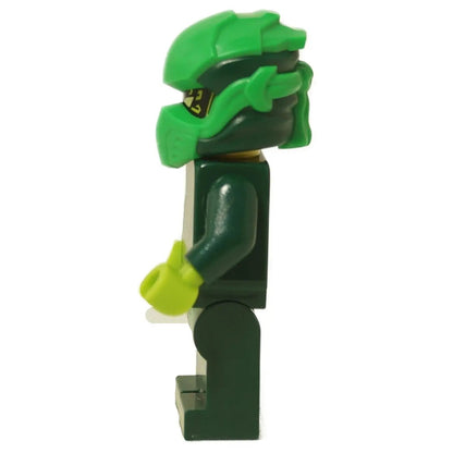 Side view of the LEGO® NINJAGO® Lloyd minifigure (njo0928) showing the dual-tone green helmet and printed arm design.