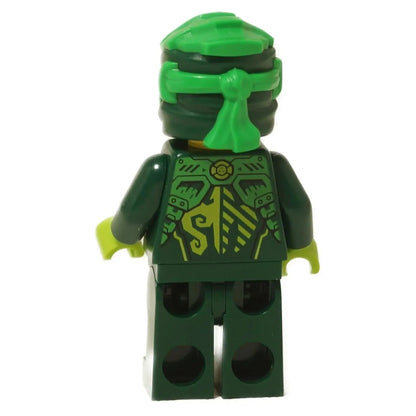 Rear view of the LEGO® NINJAGO® Lloyd minifigure (njo0928) displaying the green and gold back printing with the “S” insignia.