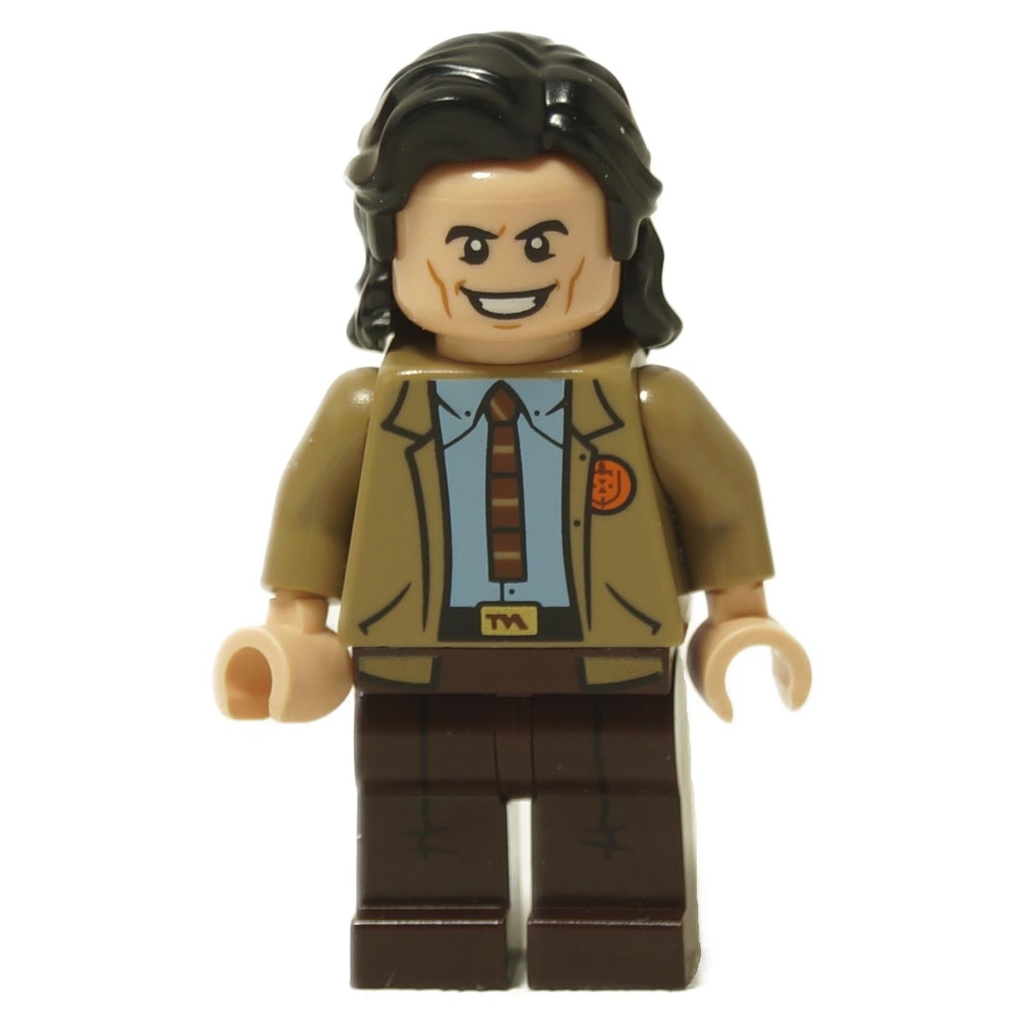 LEGO minifigure of Loki from Marvel Studios, wearing a TVA suit with a badge, striped tie, and dark brown pants.