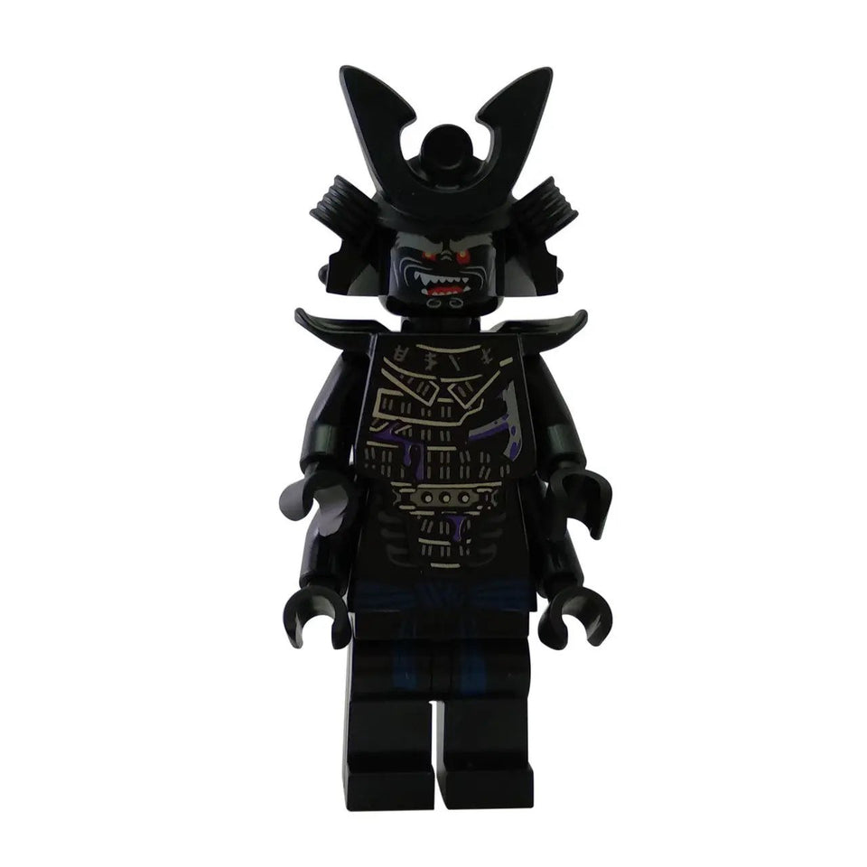 LEGO® Ninjago Minifigure of Lord Garmadon (Resurrected), featuring black armor with intricate purple and silver printing, fierce red eyes, and a horned helmet.