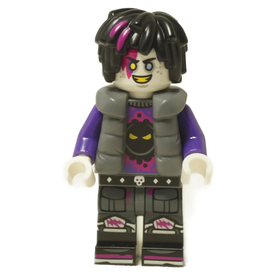 LEGO® DREAMZzz™ minifigure MadTeo (drm054), the nightmare version of Mateo, with black hair with pink streaks, one glowing yellow eye, and a dark outfit.
