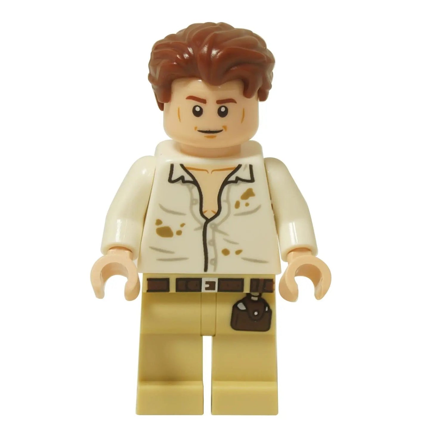 Alternate front view of the LEGO® Jurassic World Martin Krebs minifigure (jw134) featuring a smiling face and printed utility belt with pouch detail.