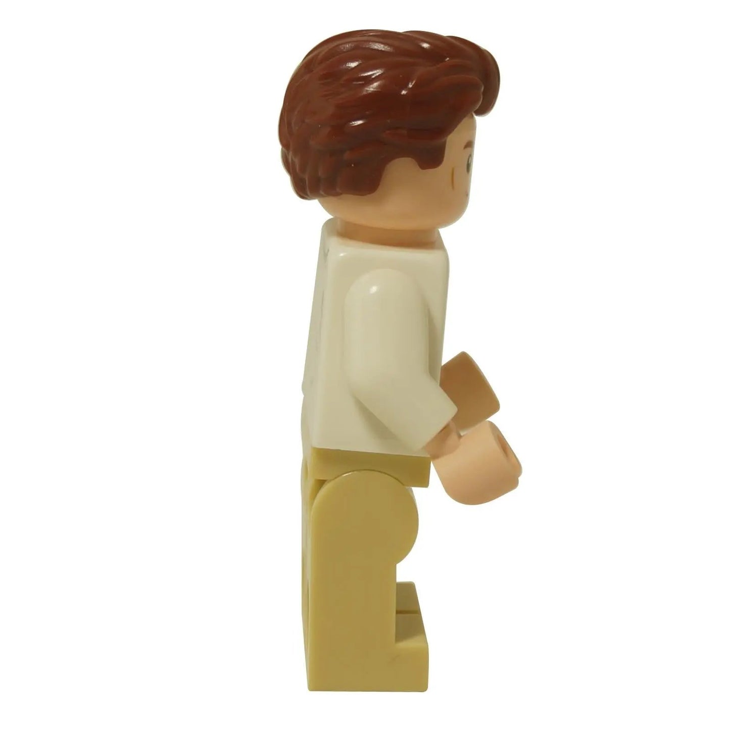 Side profile of the LEGO® Jurassic World Martin Krebs minifigure (jw134) displaying plain tan sleeves and legs.