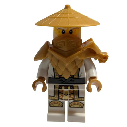 LEGO Ninjago - Master Wu minihahmo kaudelta 15 Crystalized, valkoisella parralla, painetuilla viitoilla ja kartiomaisella hatulla (njo0784) ilman lippuaan.