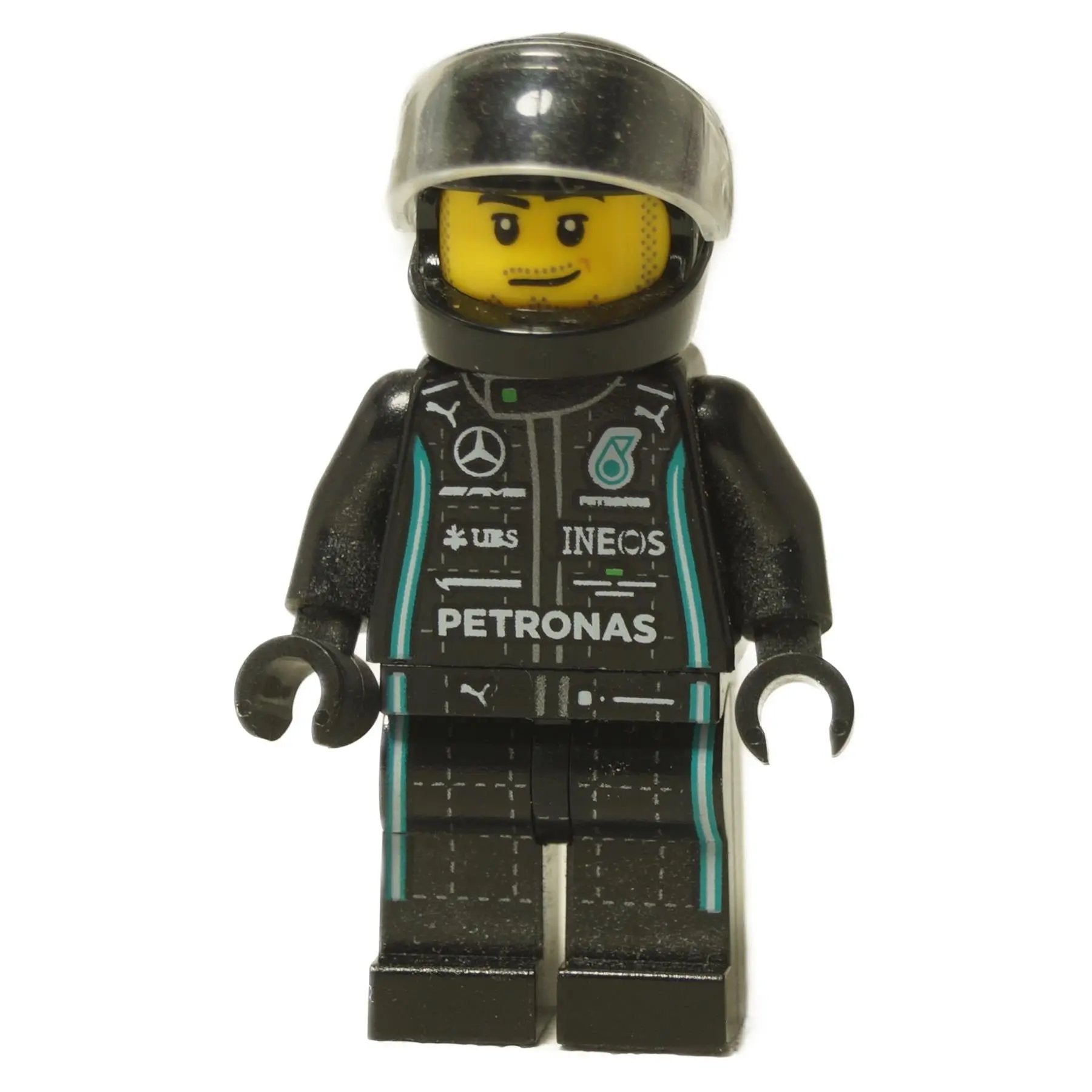  LEGO® Speed Champions Mercedes F1 jezdec minifigurka (sc100) v černé závodní kombinéze s logem Petronas a černou helmou.