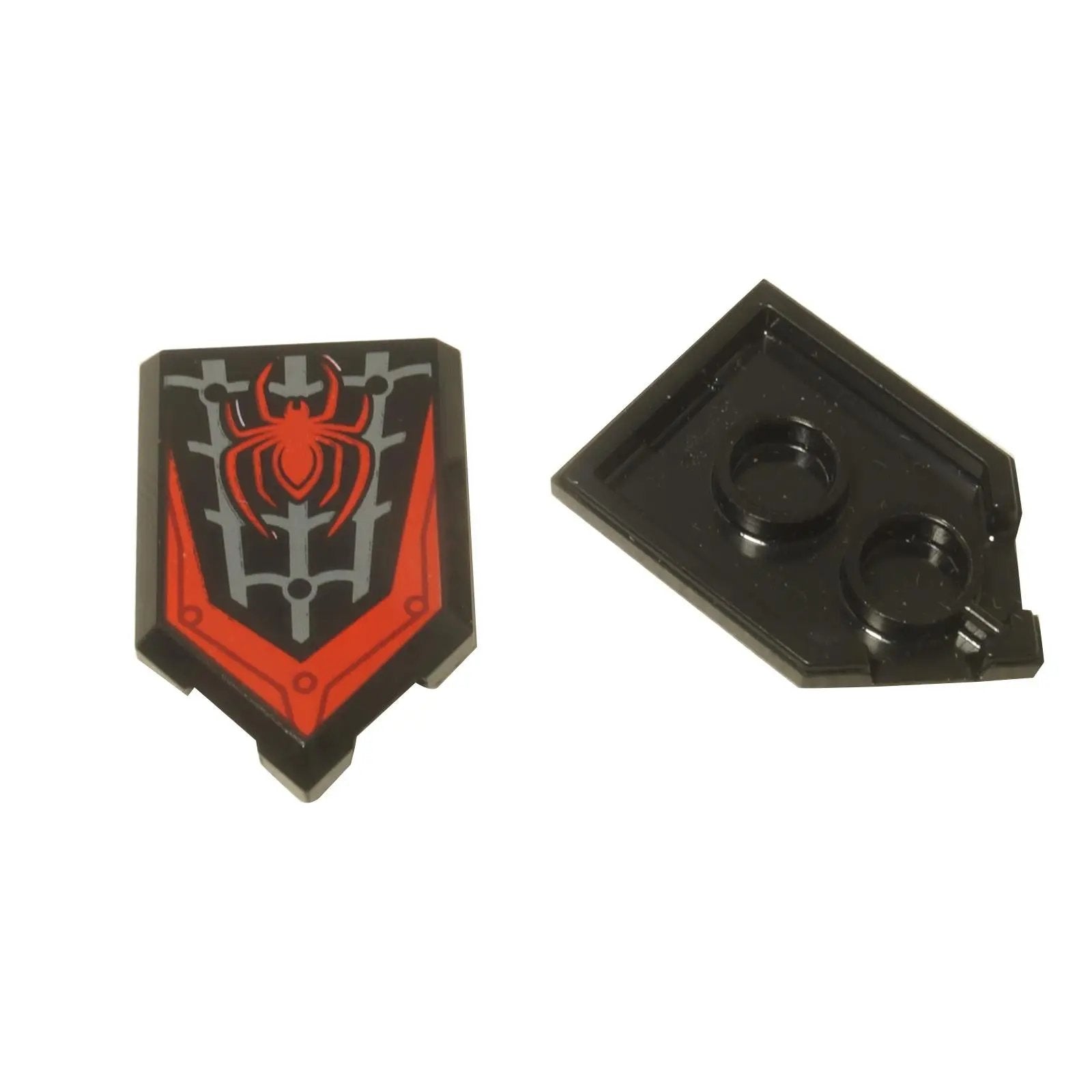 LEGO® Marvel Miles Morales shield tile (22385pb209), featuring the red spider symbol on a black and grey background.