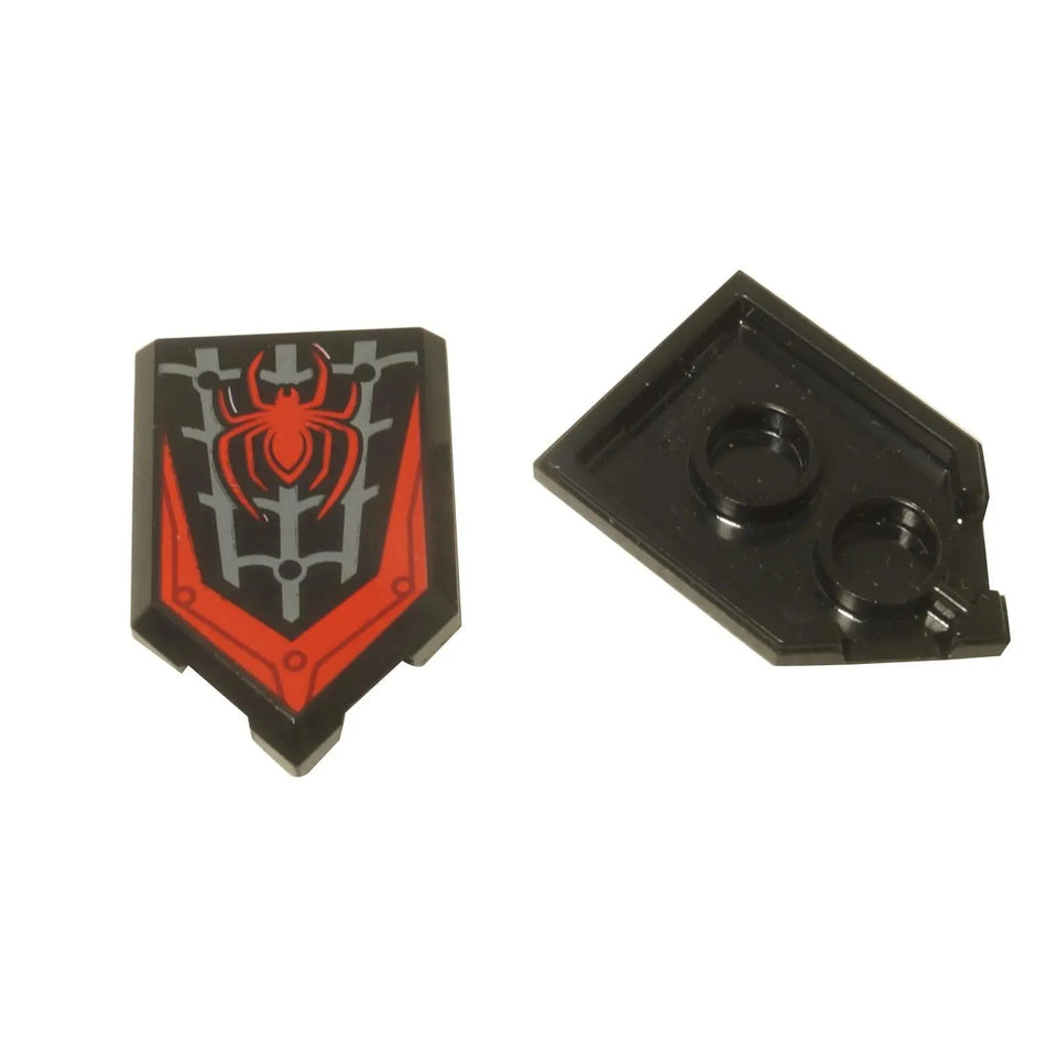 LEGO® Marvel Miles Morales shield tile (22385pb209), featuring the red spider symbol on a black and grey background.