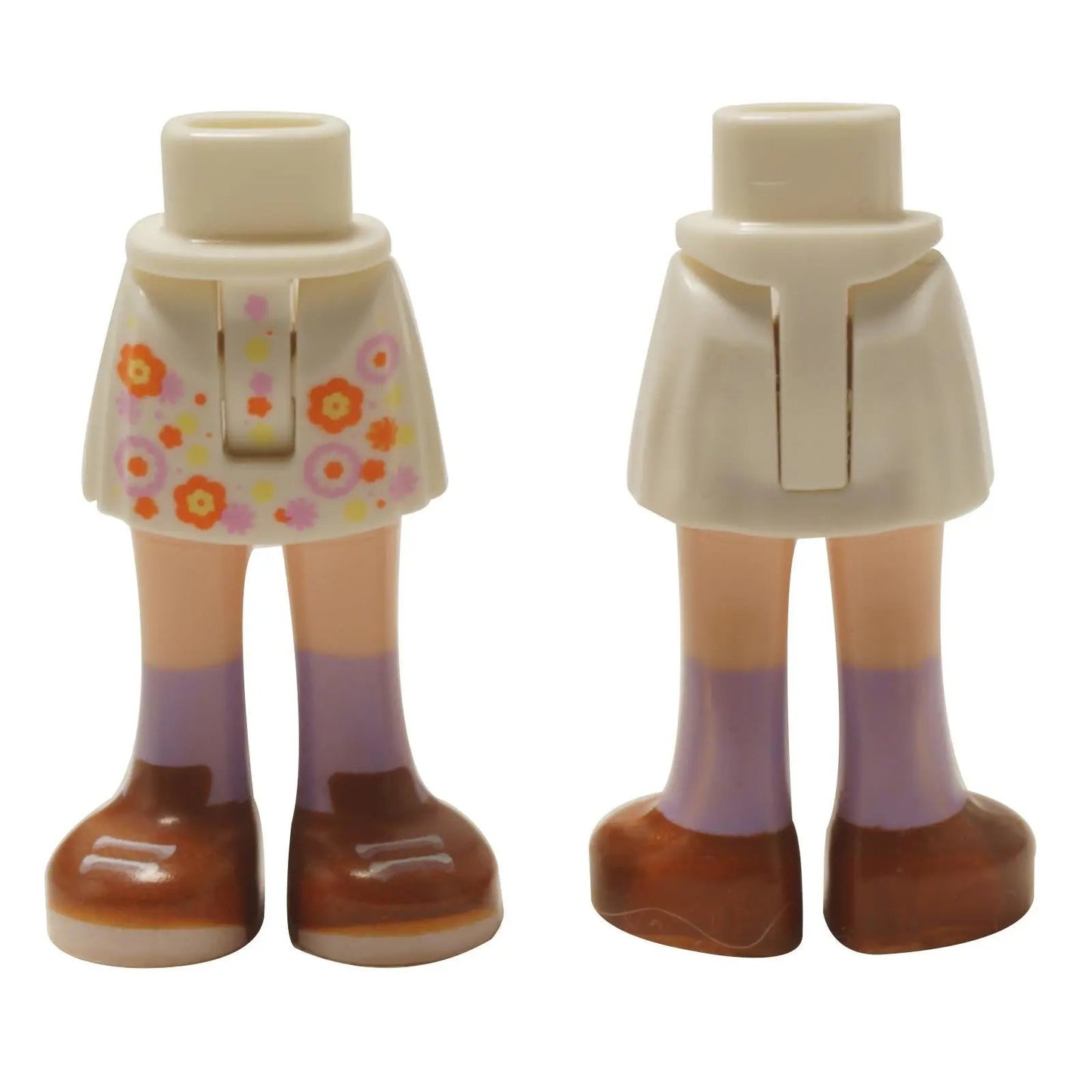 LEGO® ensamblaje de caderas, falda y piernas de mini muñeca (35216ac00pb024) con un colorido patrón floral y zapatos marrones.