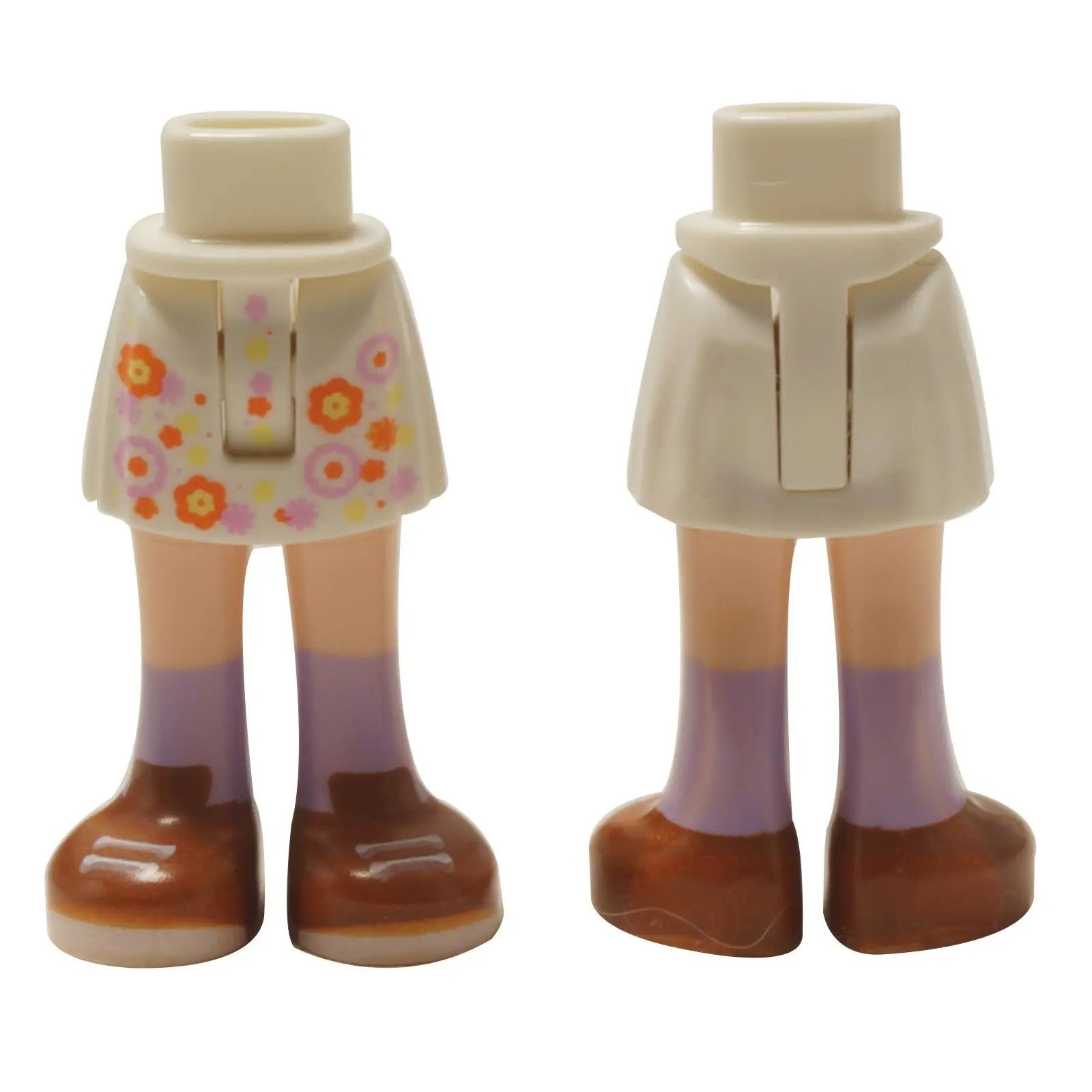 LEGO® ensamblaje de caderas, falda y piernas de mini muñeca (35216ac00pb024) con un colorido patrón floral y zapatos marrones.
