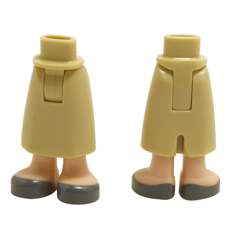 LEGO mini doll parts featuring tan long skirts and dark bluish gray shoes with a thick hinge connection.