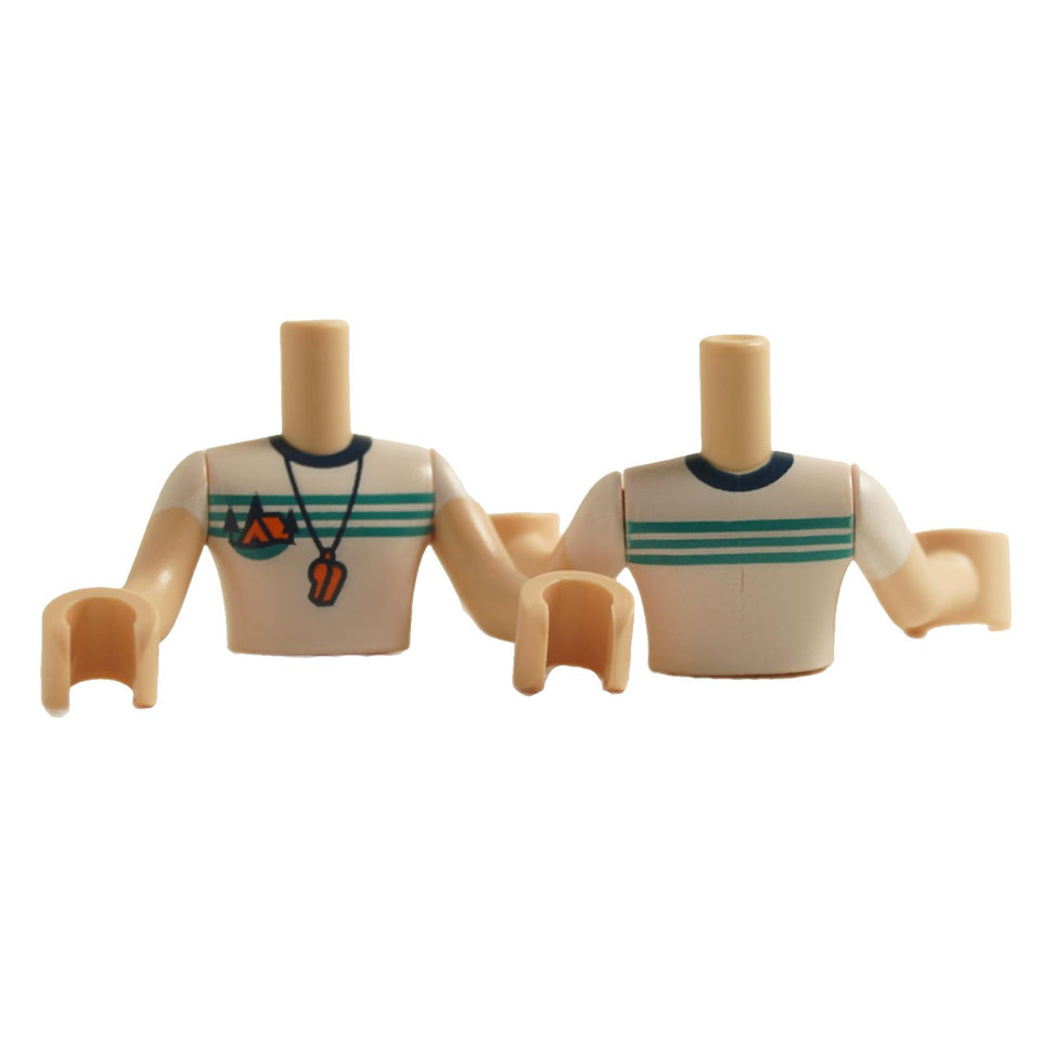 LEGO mini doll torso with a striped camping shirt and dog tag necklace.