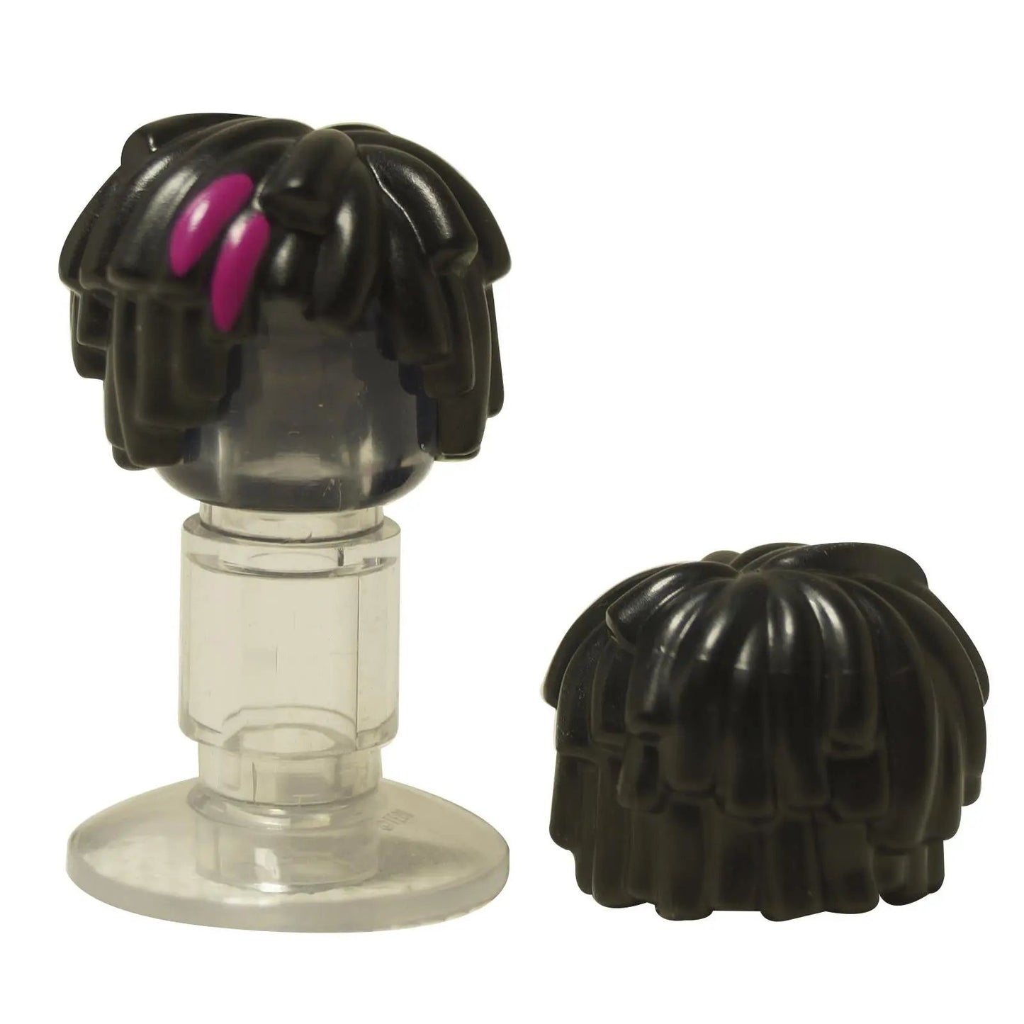 LEGO® minifigure hair piece (2003pb03) in black, styled as a shaggy mop top with two prominent magenta streaks on the side.