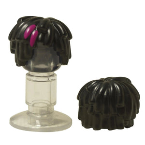 LEGO® minifigure hair piece (2003pb03) in black, styled as a shaggy mop top with two prominent magenta streaks on the side.
