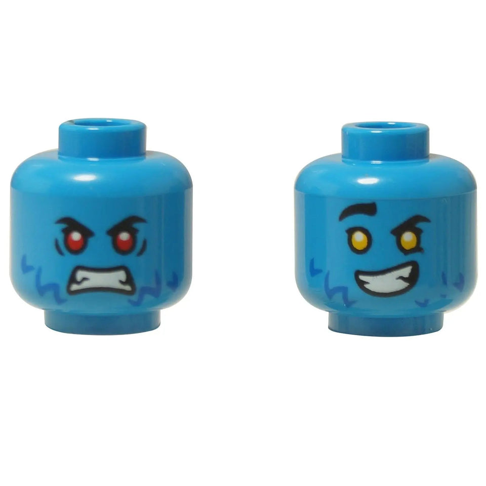 Testa di minifigura blu a doppio lato LEGO® (3626pb3662) che mostra un volto sorridente con occhi arancioni e un volto arrabbiato con occhi rossi.