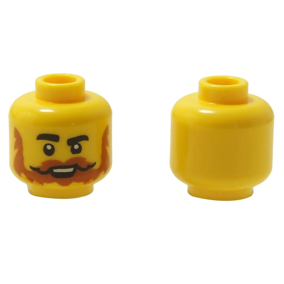 Front and side views of the LEGO® minifigure head (3626pb3393) featuring a cheerful open-mouthed smile, dark orange beard, and thick eyebrows on a classic yellow head.