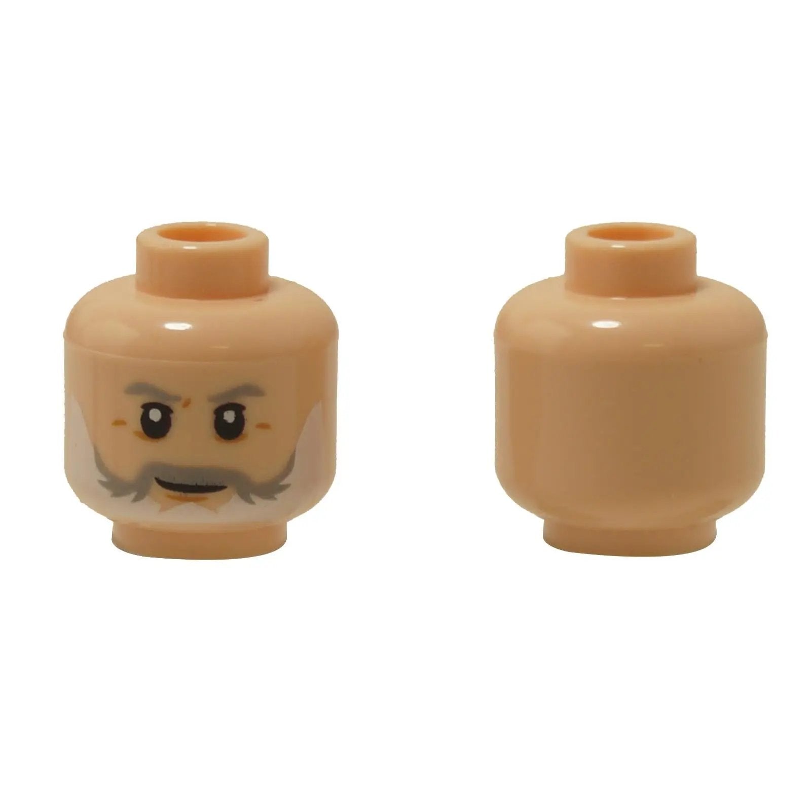 Front and alternate side views of the LEGO® minifigure head (3626pb3042) in light nougat, featuring expressive eyes, gray eyebrows, a gray moustache, and a short white beard printed along the jawline.