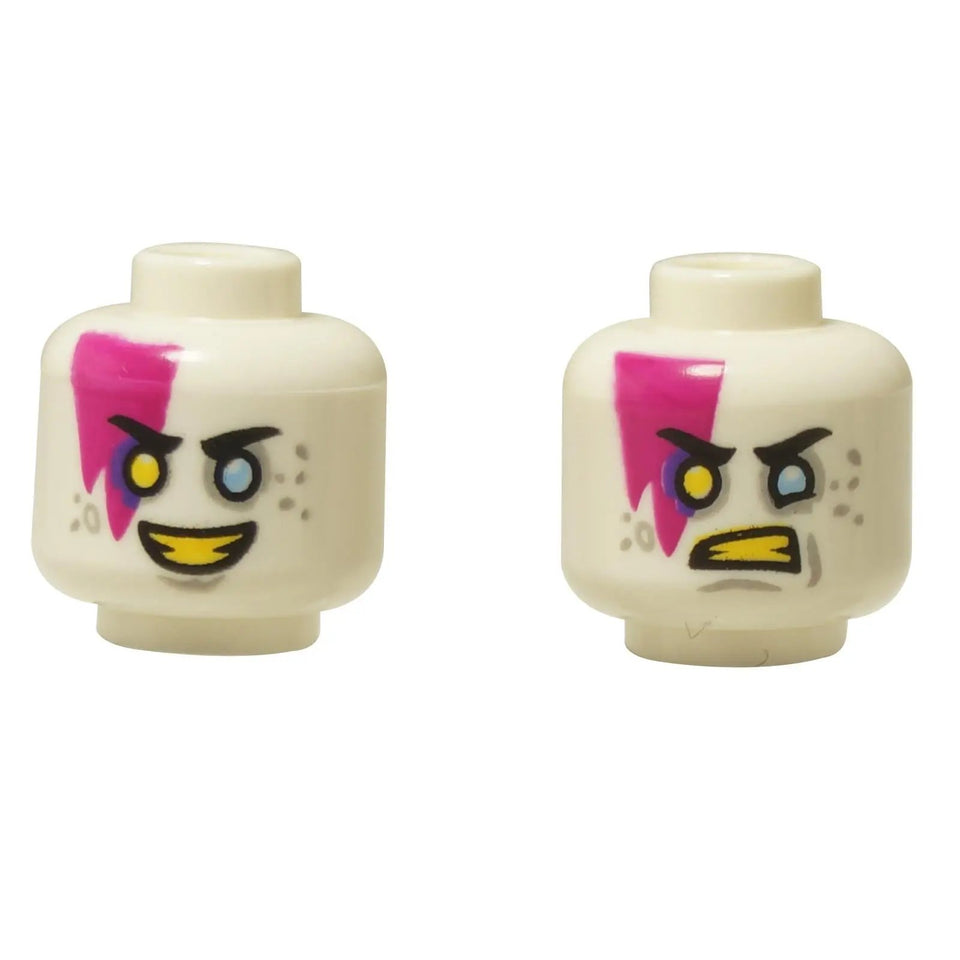 Testa di minifigure a doppia faccia LEGO® (3626pb3669) con un marchio magenta e occhi disallineati, che mostra un'espressione sorridente e una arrabbiata.