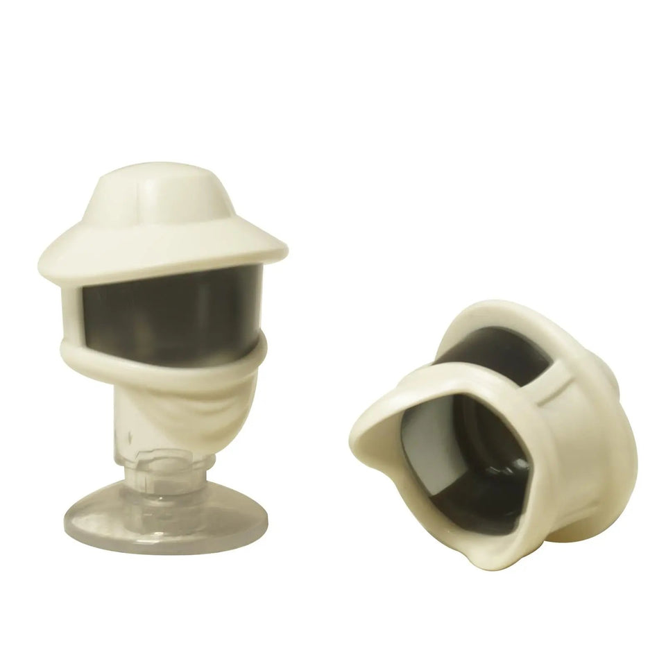 LEGO Beekeeper Hat 69938pb02 with a white hood and molded trans-black visor, shown upright and on its side against a white background.
