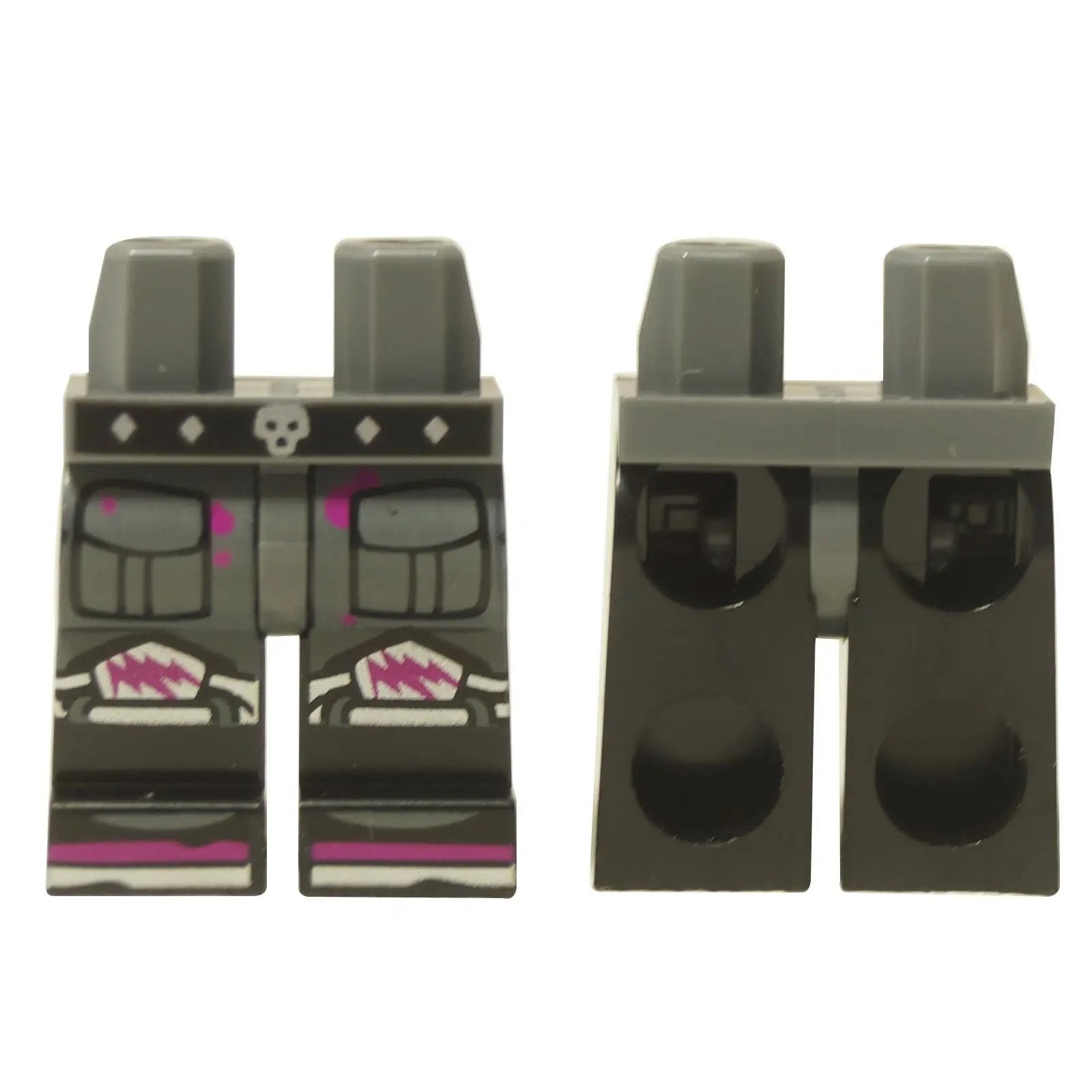 Vista frontal y trasera de la pieza de piernas de minifigura LEGO® (970c11pb55) en negro con un cinturón de calavera plateado y rodilleras de relámpago magenta.