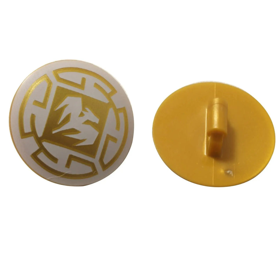 Front and back views of the LEGO NINJAGO shield 75902pb12, featuring a gold dragon pattern on a white convex surface.
