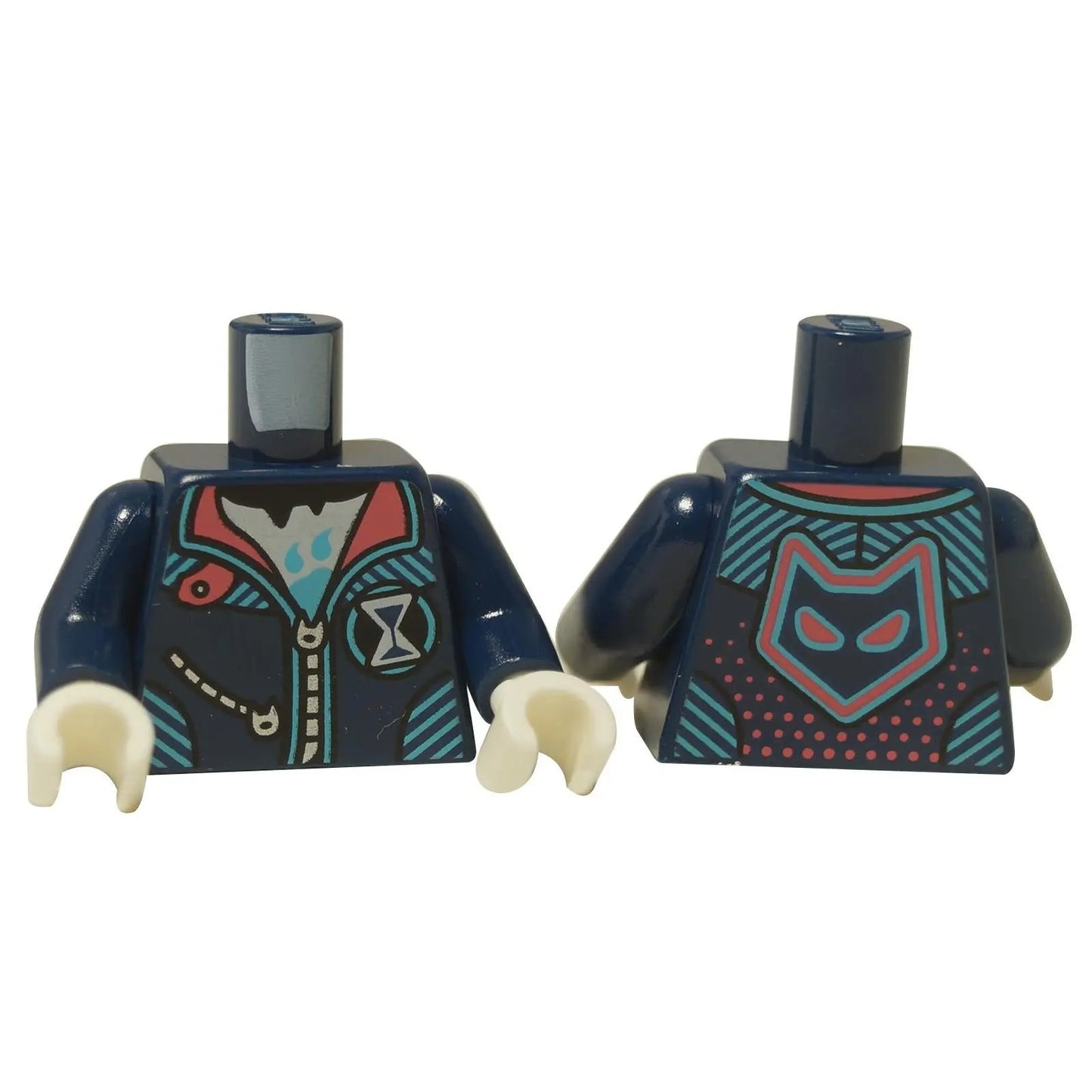 Fram- och baksidan av en LEGO® torso (973pb5786c01) i mörkblått med en tryckt jacka, cyan- och rosa detaljer, samt vita händer.