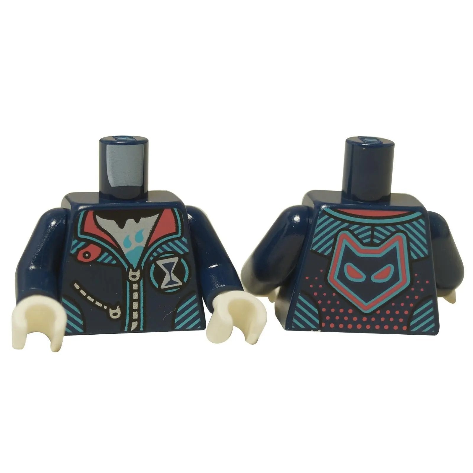 Fram- och baksidan av en LEGO® torso (973pb5786c01) i mörkblått med en tryckt jacka, cyan- och rosa detaljer, samt vita händer.