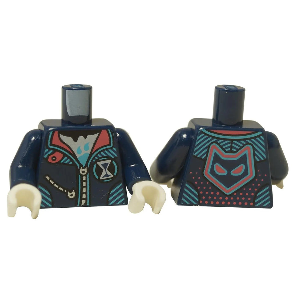 Frente y reverso de un torso LEGO® (973pb5786c01) en azul oscuro con una chaqueta impresa, detalles en cian y rosa, y manos blancas.