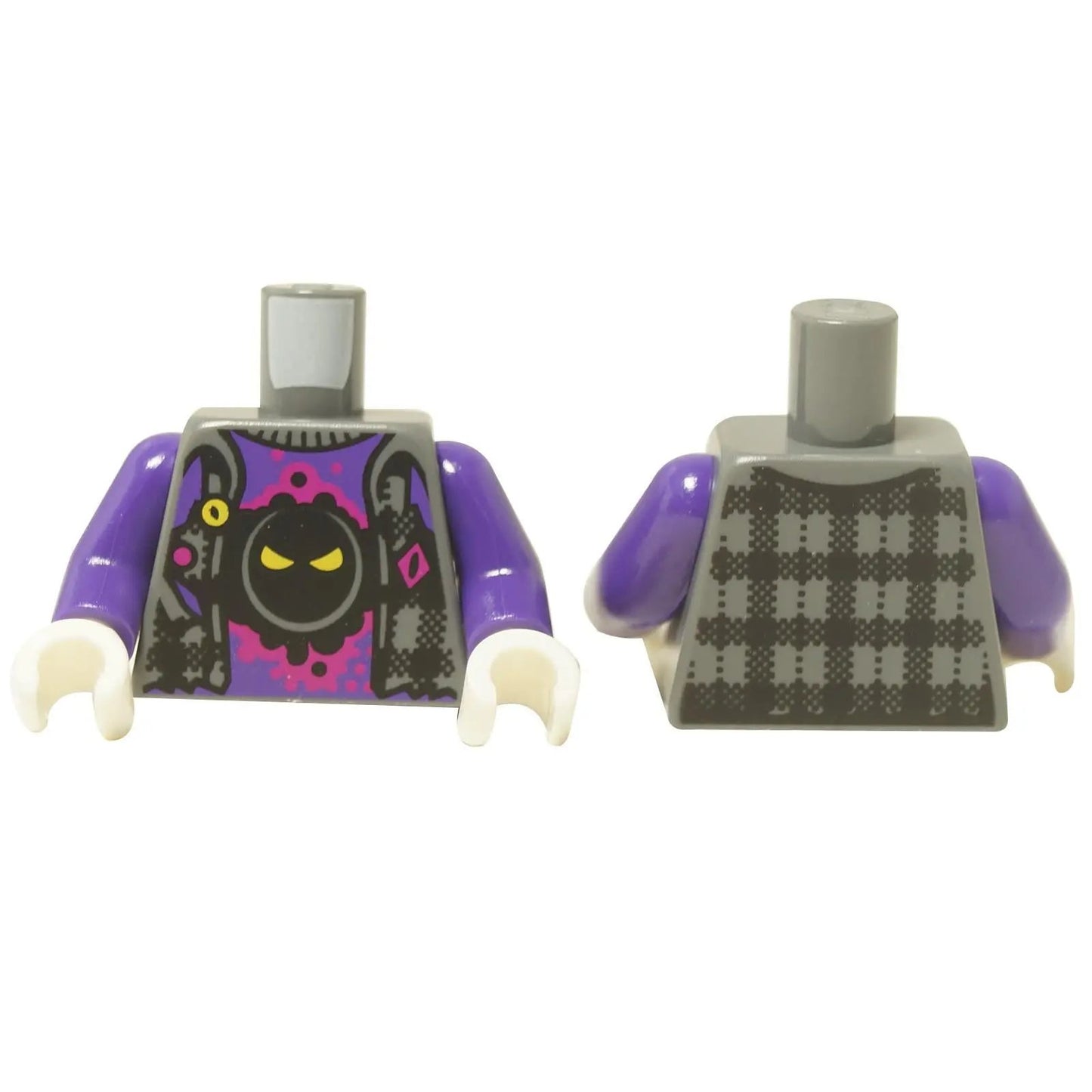 LEGO® minifigure torso with monster graphic vest, purple arms, and white hands, featuring dark gray and magenta details.