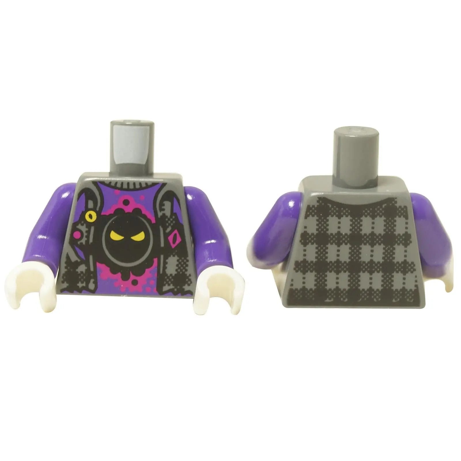 LEGO® minifigure torso with monster graphic vest, purple arms, and white hands, featuring dark gray and magenta details.