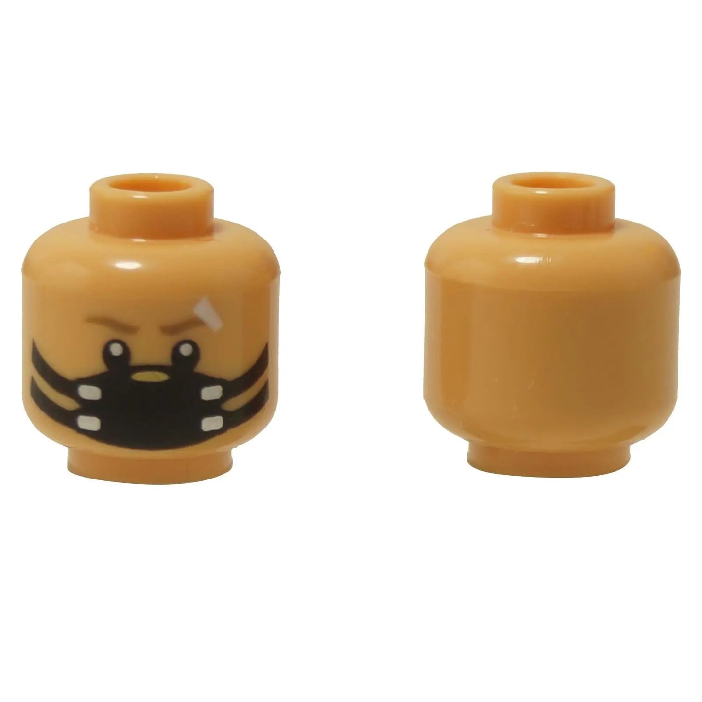 Front and side views of the LEGO® minifigure head (3626pb3755) featuring a medium tan face with a printed black dust mask, small white bandage mark, and expressive dark eyebrows.