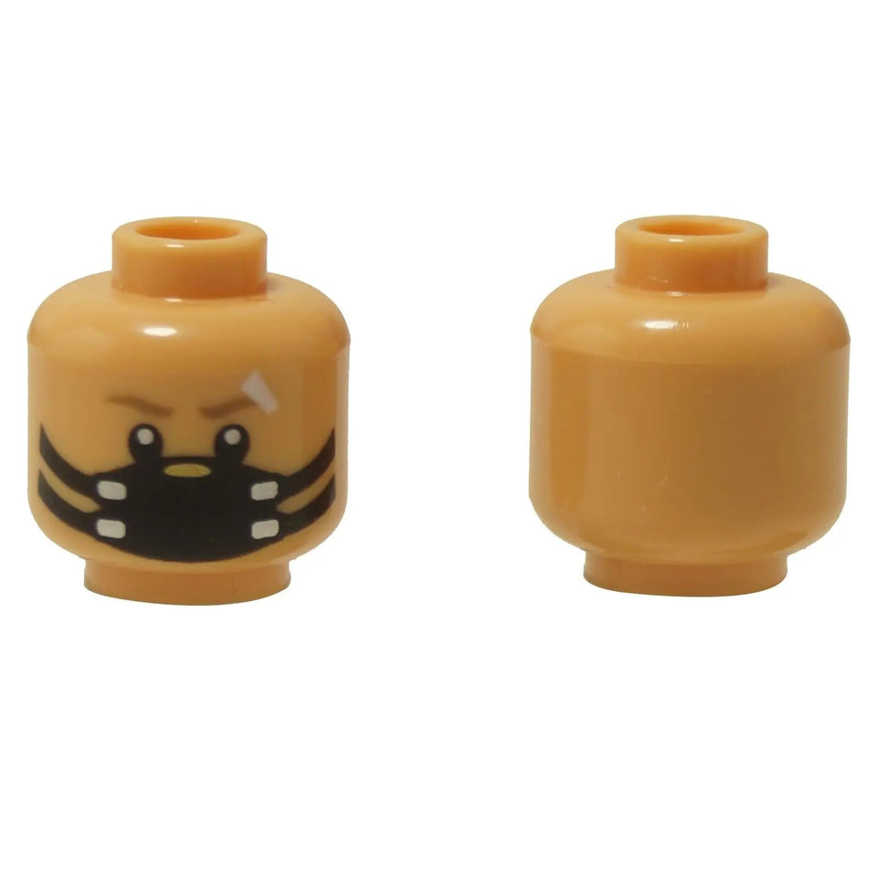 Front and side views of the LEGO® minifigure head (3626pb3755) featuring a medium tan face with a printed black dust mask, small white bandage mark, and expressive dark eyebrows.