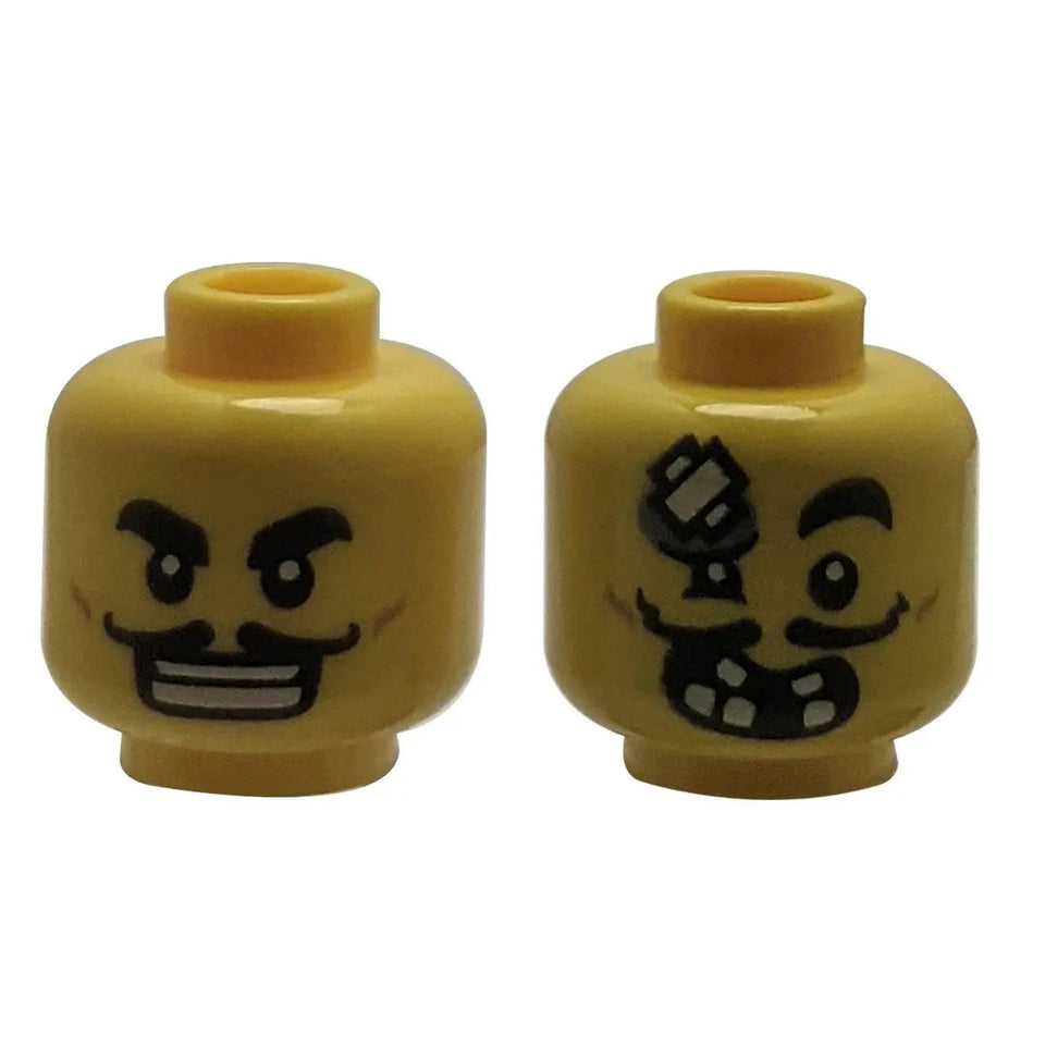 Minifigura, Testa a doppio lato sopracciglia nere, baffi, sorriso a bocca aperta, denti bianchi / Fascia sulla fronte 