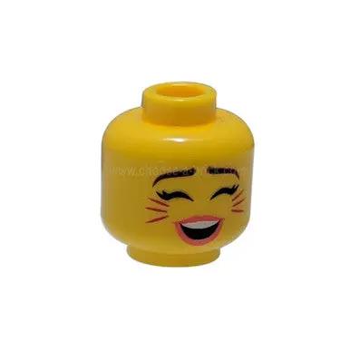 Minifigura, Cabeza de Doble Cara Femenina, Cejas Marrón Rojizo, Bigotes de Gato Magenta, Labios Coral, Sonriente / Cantando con Ojos Cerrados Patrón - Estudio Hueco 