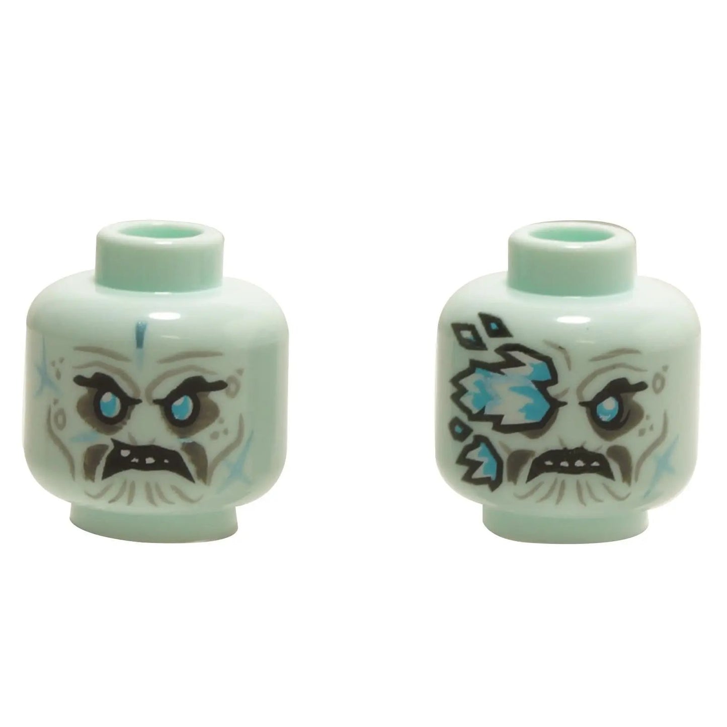 Front and back views of the LEGO® dual-sided minifigure head (3626pb2376) in light aqua, featuring a wrinkled angry face with bared teeth on one side and ice spikes covering the right eye on the other.