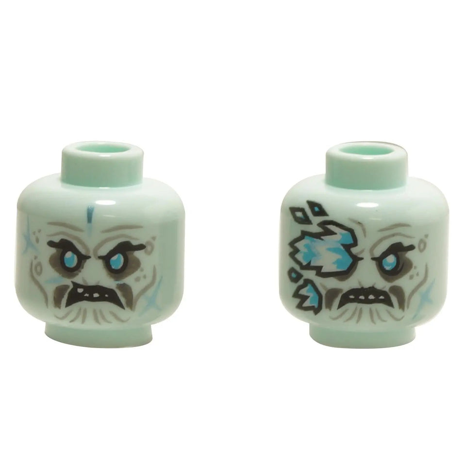 Widoki z przodu i z tyłu LEGO® dwustronna głowa minifigurki (3626pb2376) w kolorze jasnoniebieskim, z pomarszczoną, wściekłą twarzą z obnażonymi zębami po jednej stronie i lodowymi kolcami zasłaniającymi prawe oko po drugiej.