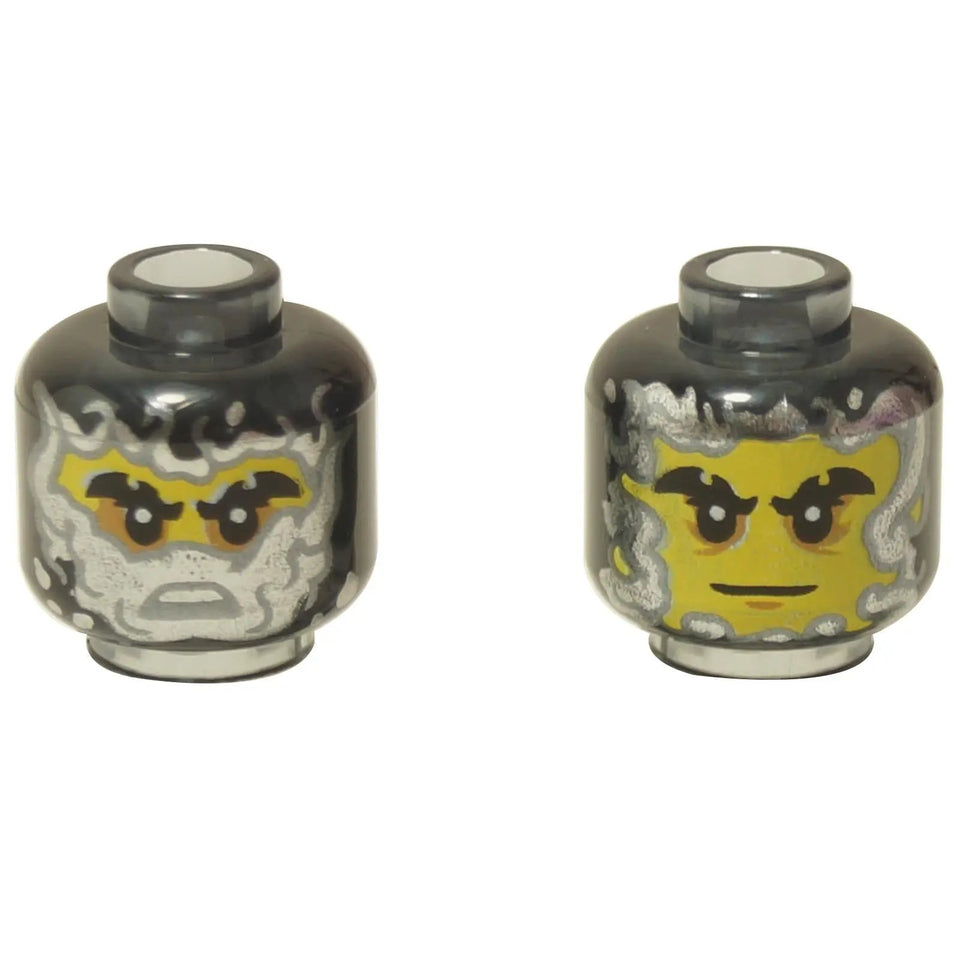 Widoki z przodu i z tyłu LEGO® dwustronna głowa minifigurki (3626pb3523) w przezroczystym czarnym kolorze, z żółtą twarzą, czarnymi, ząbkowanymi brwiami, cieniem do powiek w kolorze średniego nugatu i neutralnym wyrazem twarzy po obu stronach.