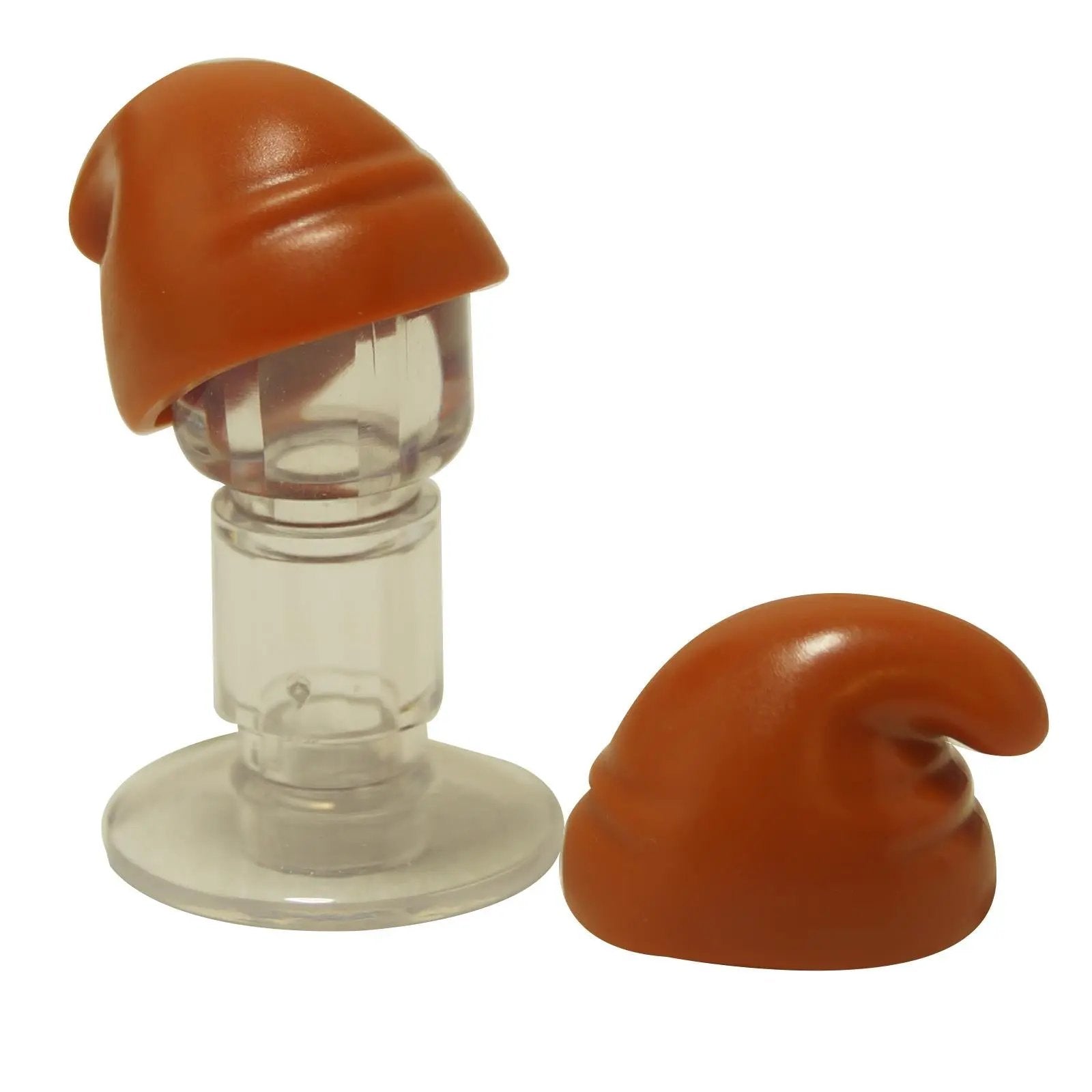 Two dark orange LEGO Slouch Hats (5320) displayed, one mounted on a clear neck piece.