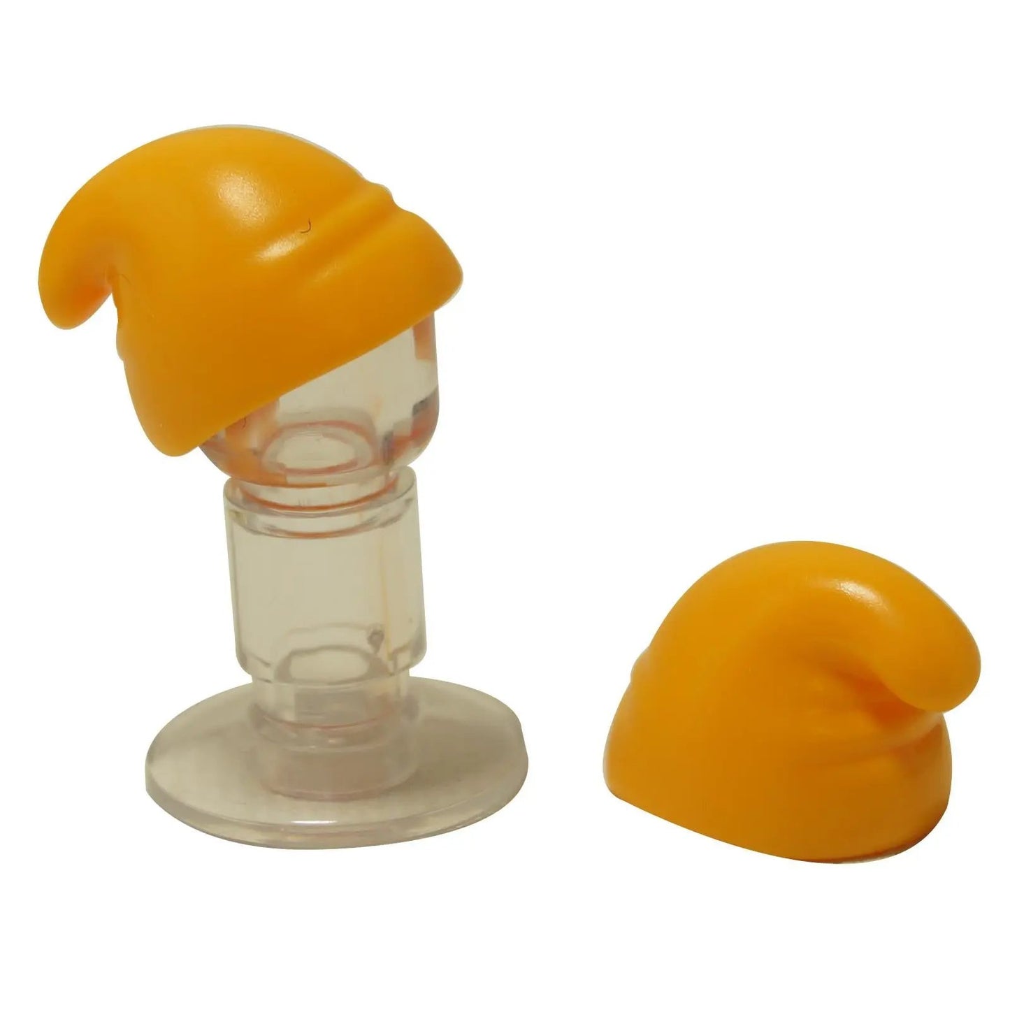 Two bright light orange LEGO Minifigure Slouch Hats (5320) shown, one on a clear minifigure neck post.