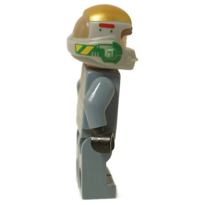 LEGO® Star Wars Rebel Pilot A-wing minifigure (sw0743) showing sand blue uniform and printed helmet with green and yellow markings, side view.