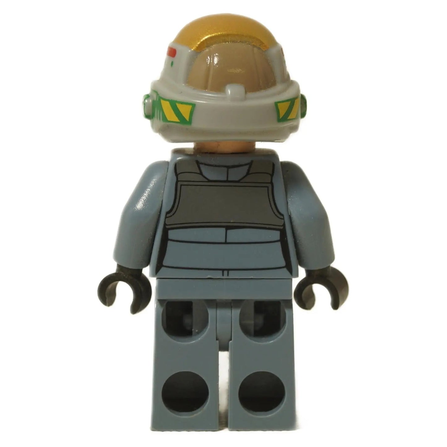 LEGO® Star Wars Rebel Pilot A-wing minifigure (sw0743) with sand blue jumpsuit and helmet printing, rear view.