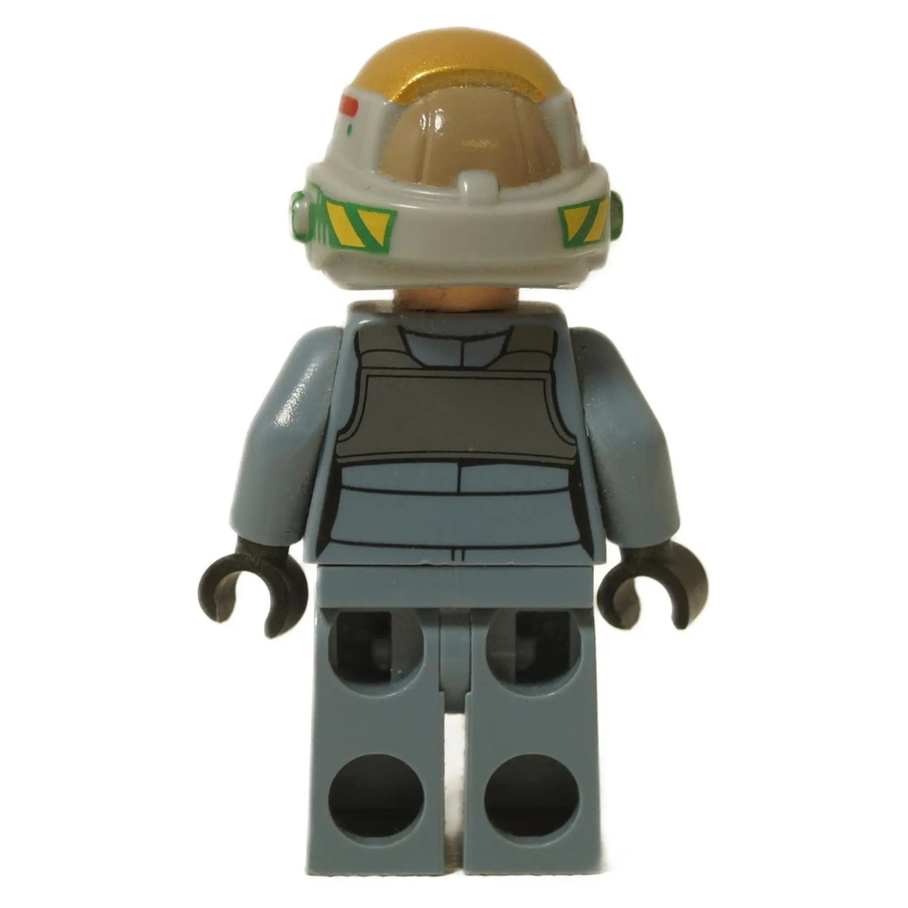 LEGO® Star Wars Rebel Pilot A-wing minifigure (sw0743) with sand blue jumpsuit and helmet printing, rear view.