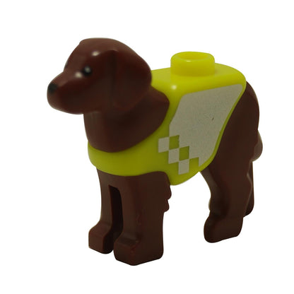 A brown LEGO Rescue Dog figure with a molded neon yellow vest featuring a silver panel and checkered squares.
