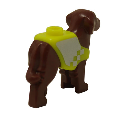 LEGO® Friends rescue Labrador dog in reddish brown with bright yellow and silver vest, rear angle view